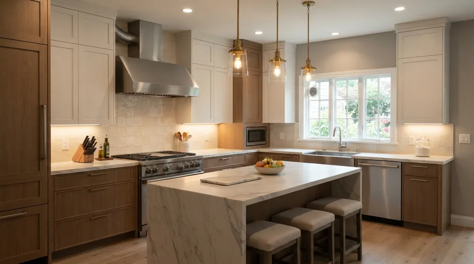 Finished two-tone kitchen with a marble waterfall island by Bergen Restoration