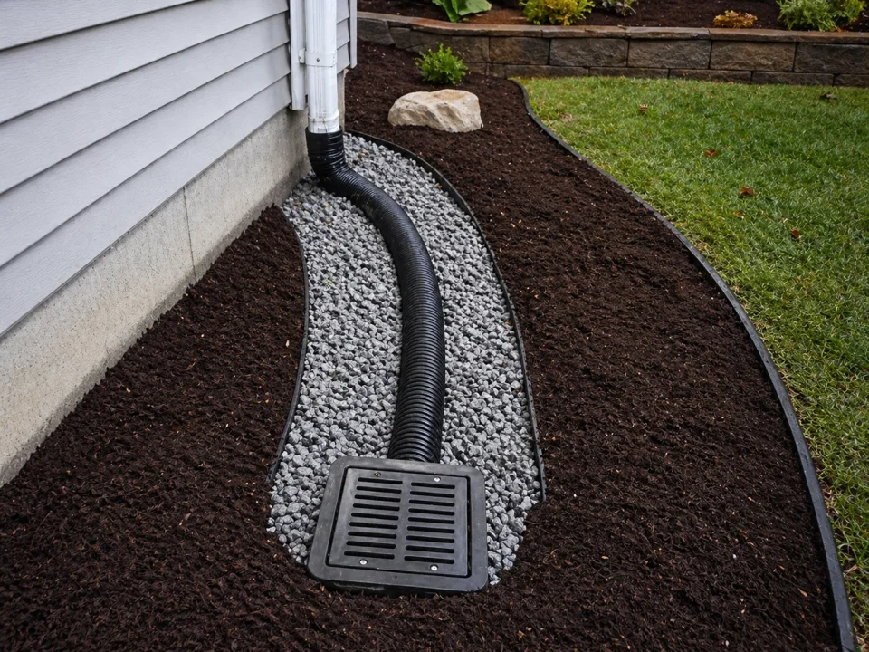 Residential yard drainage and downspout drainage installation